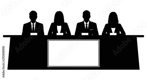Картината върху платно Black silhouette of a professional business panel sitting at a long conference t