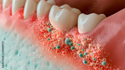 Macro visualization of oral bacteria and plaque accumulation on human gums and teeth. Concept illustration for dental health, hygiene, and periodontal disease awareness.