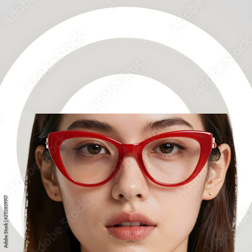 Modern fashionista posing in close-up with trendy red cat-eye glasses and minimalist backdrop