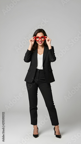 Fashion portrait of a woman wearing oversized red glasses and showcasing an expressive smile in a wide, balanced composition.