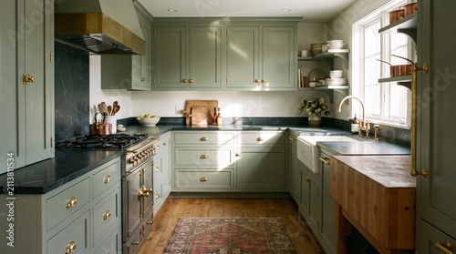 Sophisticated kitchen with muted sage green cabinets, dark soapstone countertops, brass details, and a traditional rug