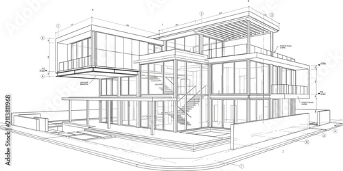 Foto Modern Luxury Multi Story Villa Perspective Blueprint Architectural CAD Drawing