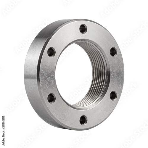 Steel threaded flange component. Industrial metal ring with bolt holes for engineering.