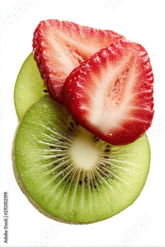 Sliced strawberries and kiwi arranged artistically on a white background, perfect for health blogs, recipe books, or fresh produce advertisements,