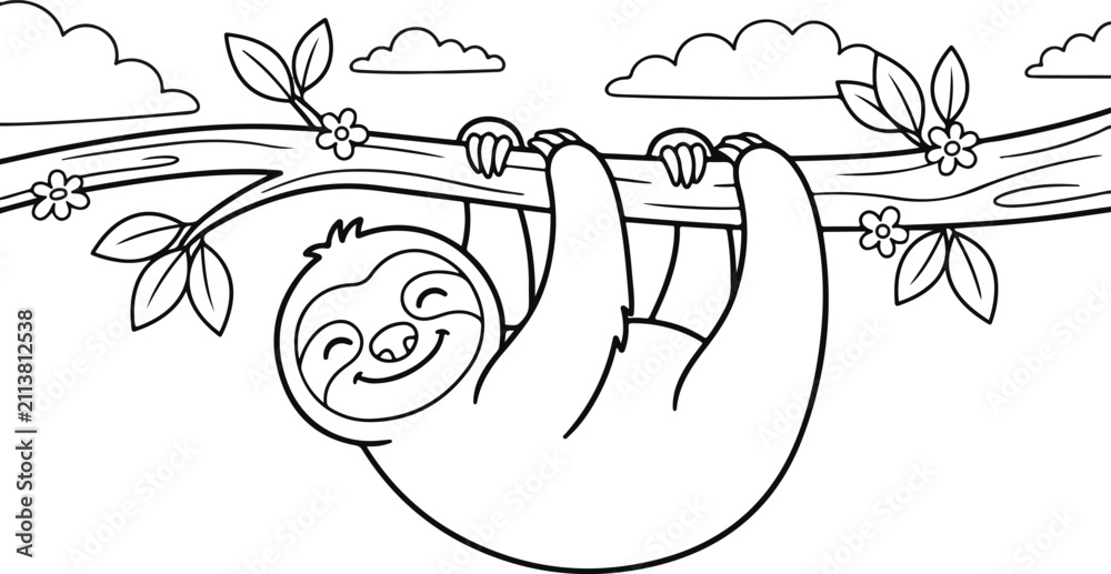 Fototapeta premium Cute sloth hanging on a tree branch for a fun jungle animals coloring page for creative kids activity