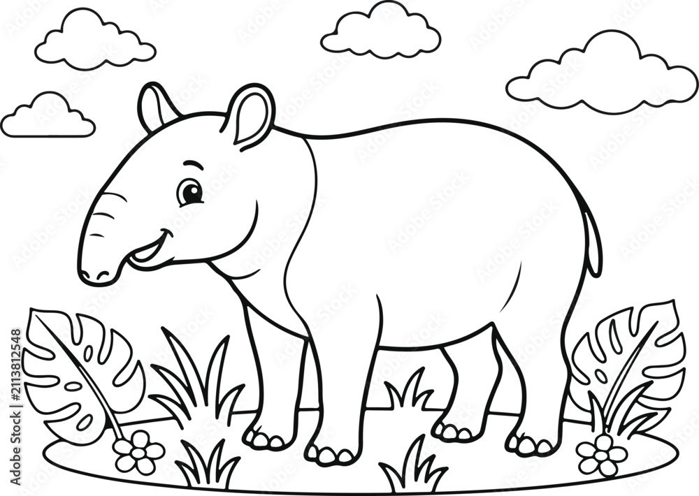 Obraz premium Cute baby tapir jungle animals coloring page for kids with simple line art and tropical forest background