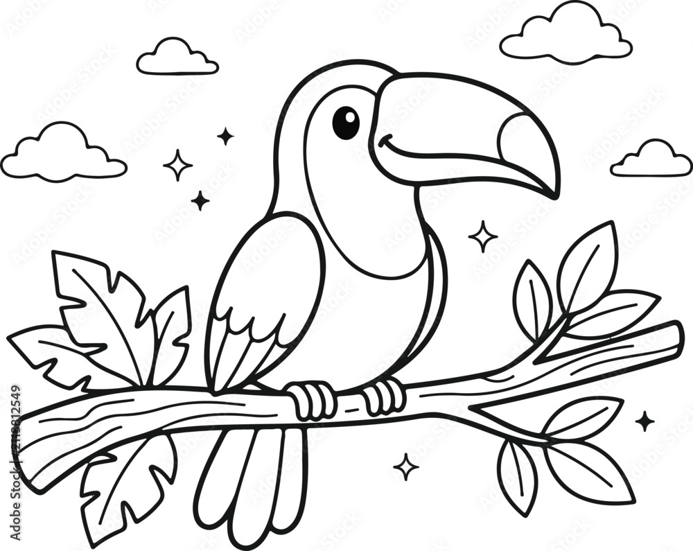 Fototapeta premium Cute toucan bird sitting on a tree branch for a fun jungle animals coloring page for young children