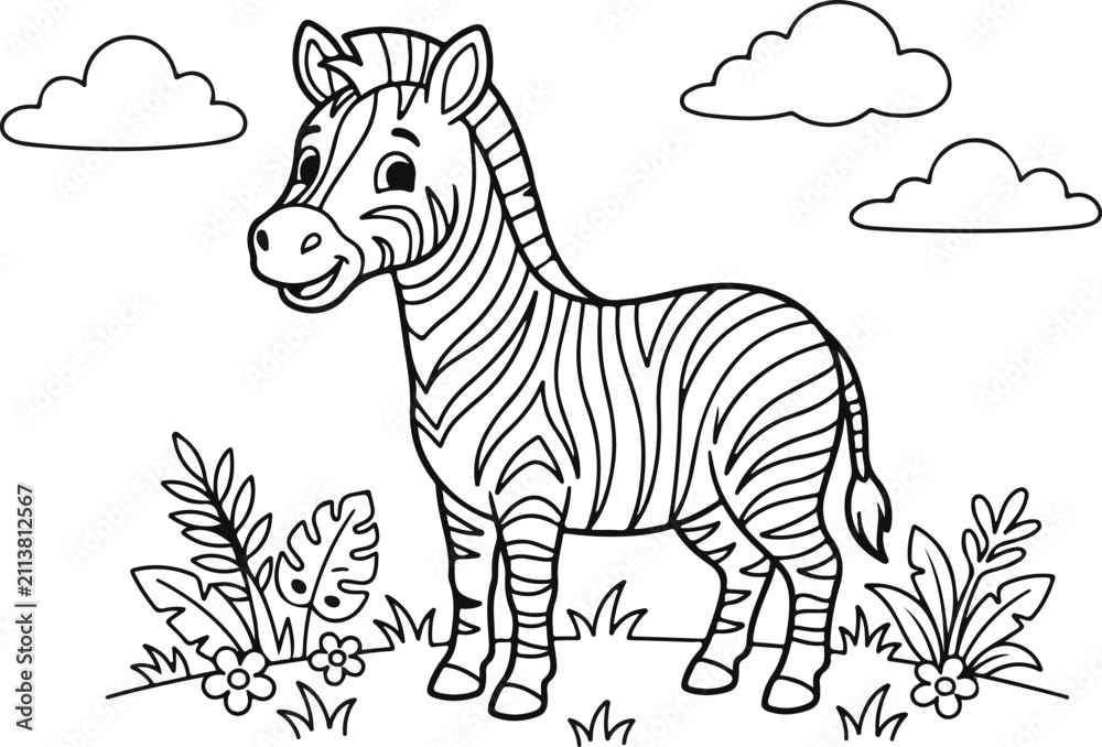 Obraz premium Cute zebra standing in nature for a fun jungle animals coloring page for kids to color and enjoy