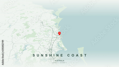 Minimalist vector map of Sunshine Coast, Queensland. High-quality scalable illustration of Sunshine Coast geographic boundaries along Coral Sea coastline, Maroochy River contours for posters design.