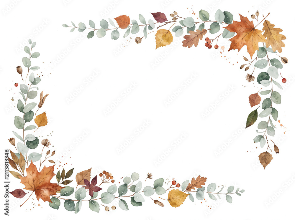 Fototapeta premium watercolor autumn corner frame with eucalyptus foliage maple leaves berries and paint splatters on white background