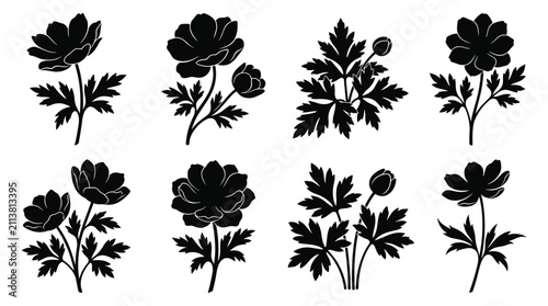 Bild auf Leinwand Anemone Flower Silhouette Set Windflower Leafy Stems Vector Isolated on White Ba