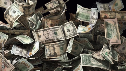 US dollar bills fall into the frame, gradually covering the entire screen, then disappear. Transition for a money theme, financial overlay, and wealth concept animation. Transparent background. ProRes