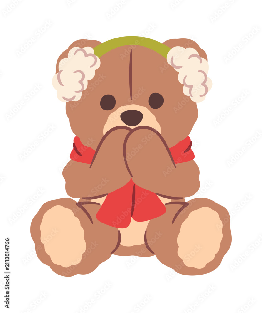 Obraz premium Teddy Bear Covering Mouth Winter Cartoon