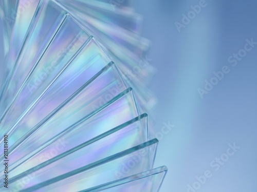 Abstract background of stacked glass sheets with iridescent rainbow light refraction light play abstract