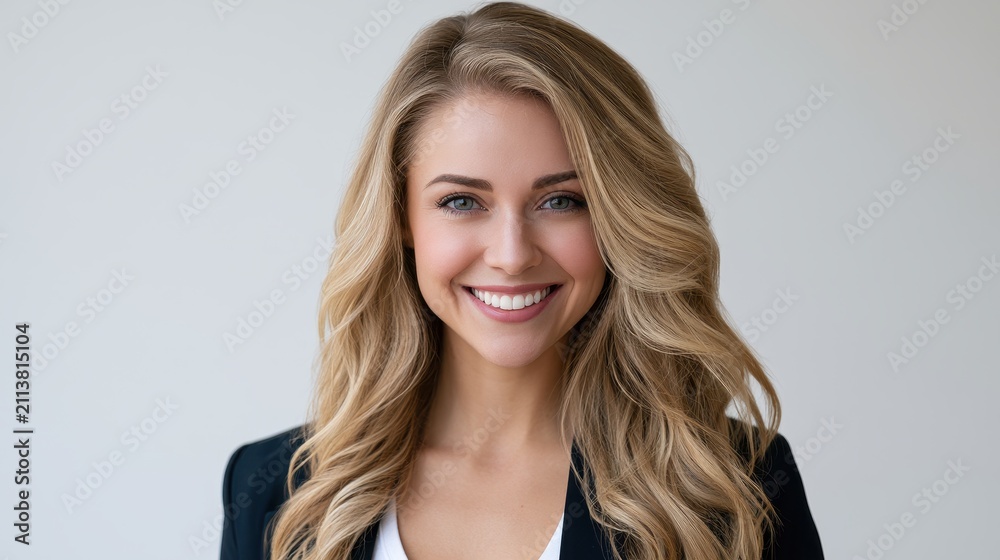 Fototapeta premium Smiling young woman with long blonde wavy hair wearing a dark blazer, professional headshot