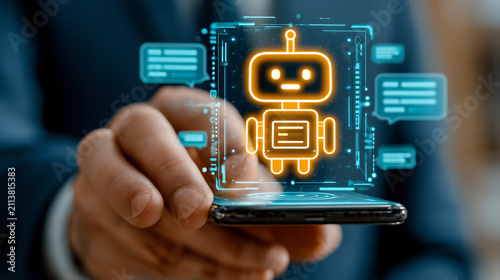 Artificial intelligence chatbot icon on smartphone screen, digital robot assistant for customer service, futuristic AI technology interface