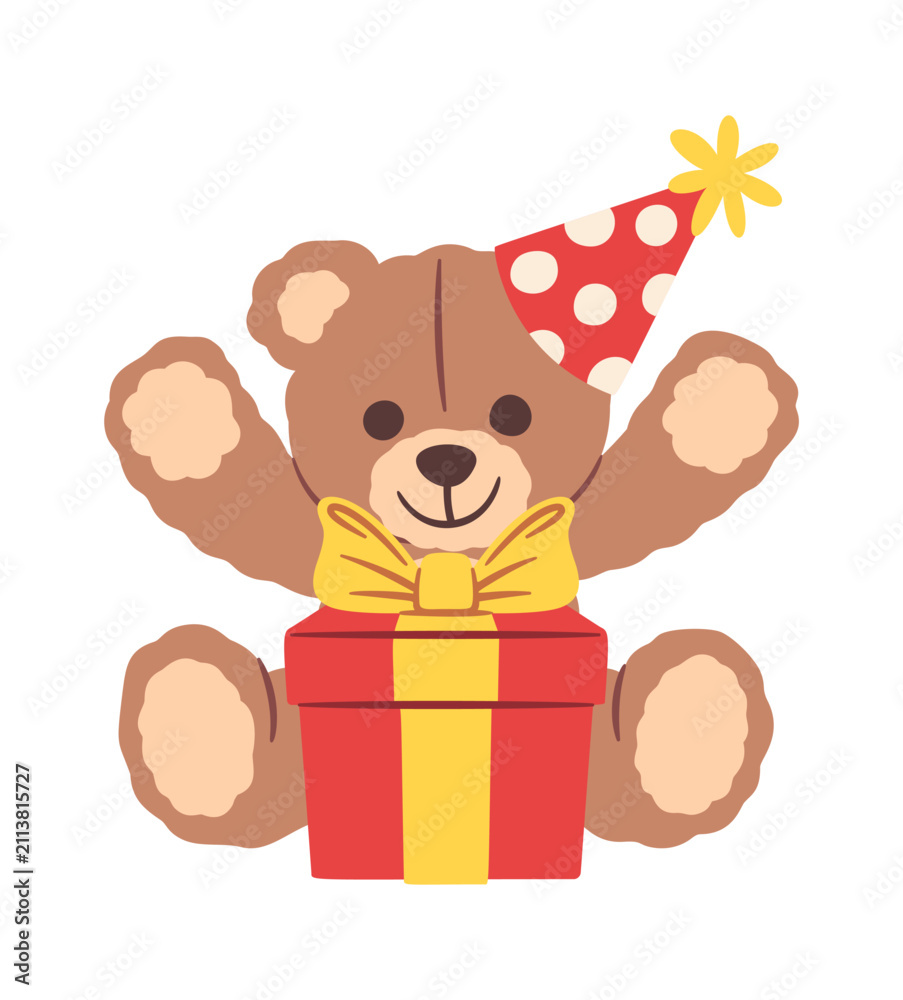 Fototapeta premium Teddy Bear Celebrating With Gift Box Cartoon