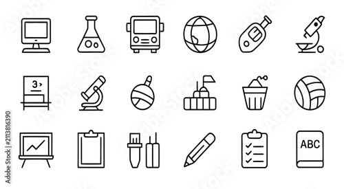 Collection of linear school education and science symbols including monitor flask school bus globe microscope whiteboard basketball pencil clipboard and alphabet book vector art.