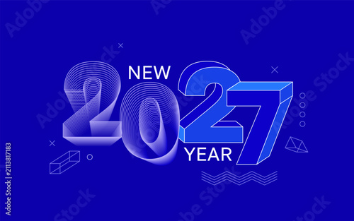 3d geometric numbers 2027 for New Year.Modern greeting card for holiday. Poster with numbers from lines, simple geometry 3d shapes. Template for flyer,web, cover,calendar,web,print, banner,card.Vector