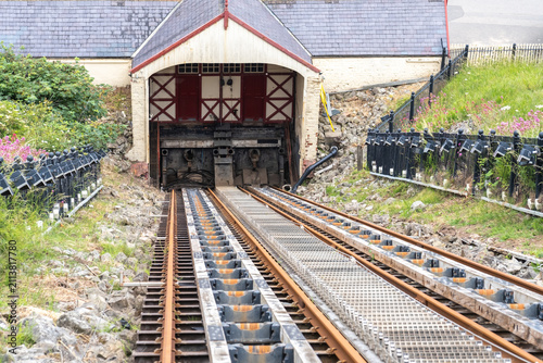 Looking down over Saltburn’s cliff-top tram rail track and station reveals the historic funicular system set against the North East coastal landscape.