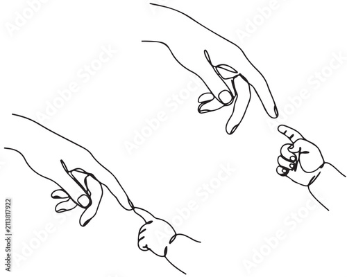 Konstfotografi Minimalist black and white line art illustration of adult and infant hands touch
