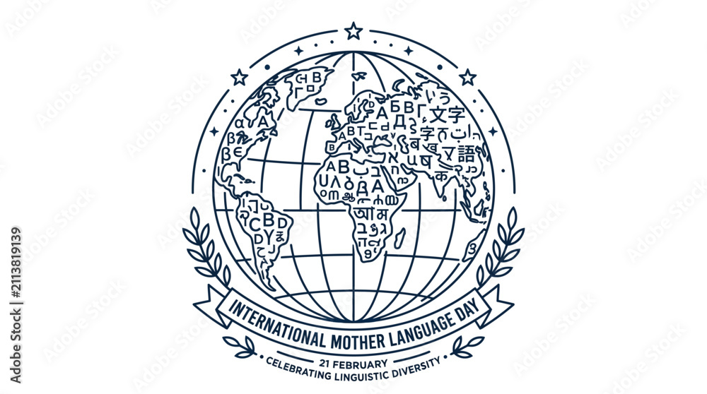 Fototapeta premium International Mother Language Day event emblem featuring a world globe illustration with diverse global alphabets and scripts in a white background