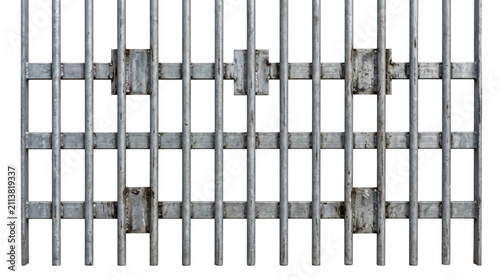 Industrial steel prison bars on white background, weathered metal jail cell door gate, heavy iron security fence for justice and incarceration concepts