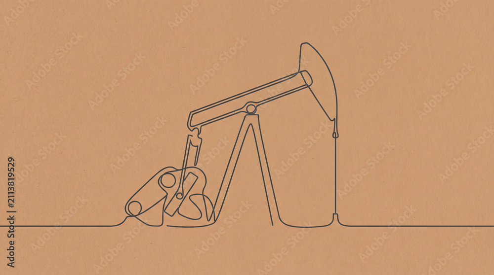 Obraz premium Minimalist oil pump jack line drawing. Continuous line art of a petroleum extraction rig.