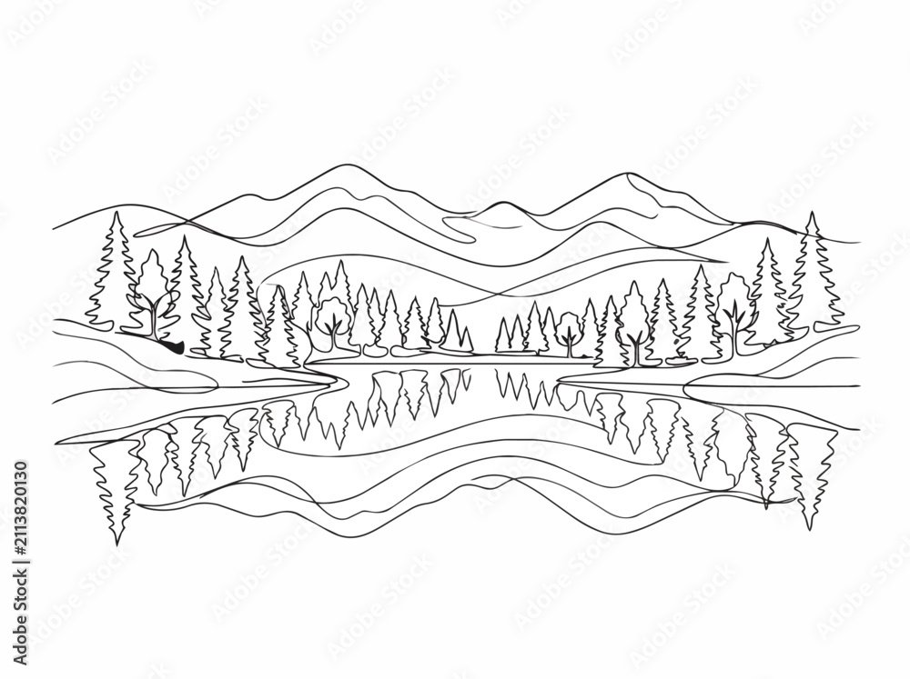 Fototapeta premium Minimalist mountain landscape with forest and lake reflection