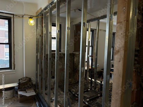 Metal Stud Framing and Plumbing Installation During Interior Building Renovation