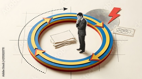 Thoughtful businessman standing inside circular arrow loop analyzing repetitive work and process cycle