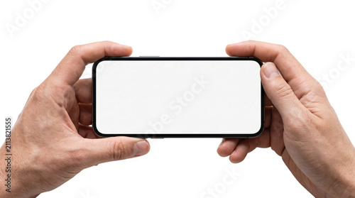 Horizontal smartphone mockup held by two hands, blank white screen on mobile phone, person holding cellphone in landscape orientation on white background