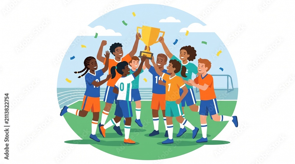 Fototapeta premium Diverse group of happy children celebrating a sports victory with a golden trophy on a soccer field.