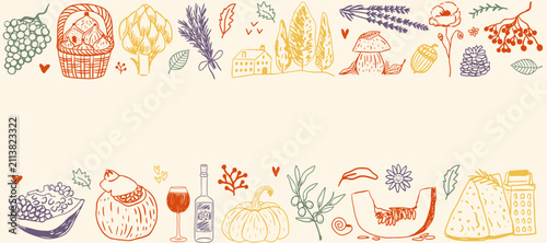 Hand drawn doodle sketch illustration of a rustic autumn harvest frame with top and bottom borders. Background with wine, cheese, pumpkin, grapes, mushroom and countryside nature elements