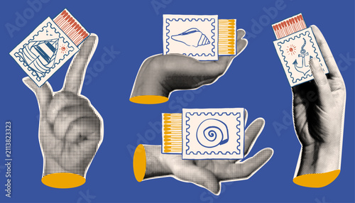 Surreal summer vintage pop art collage illustration with halftone dotted hands holding open boxes of matches with nautical doodle sketches of shells, anchor and boat.  Creative travel design