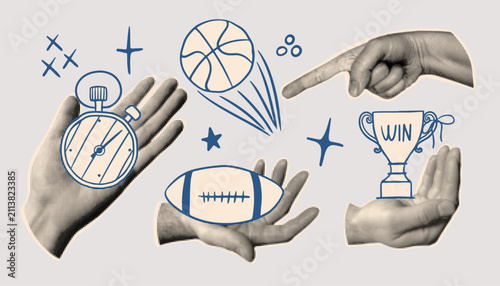 Retro collage illustration with halftone hands pointing and holding stopwatch, basketball, football and winner trophy cup with decorative stars. Sports set