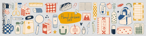 Set of hand drawn school supplies, backpack, notebook, pencil, calculator, lunch snack and various study materials on a grid background. Education and back to school collection