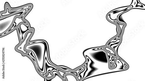 Abstract liquid flows in black and white. Curving waves ripple across a stark white background