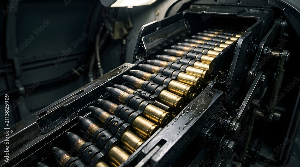 Obraz premium Close Up View Of Ammunition Belt Loaded With Bullets Inside Military Machine Gun Mechanism