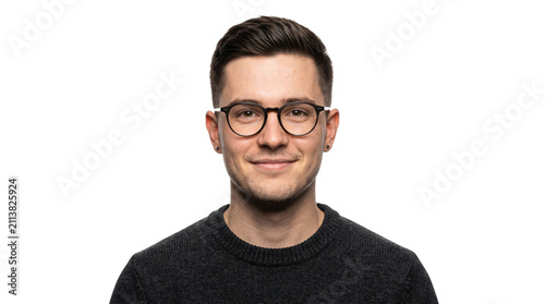 Professional young man wearing glasses, confident male entrepreneur in black sweater, smiling businessman headshot isolated on white background