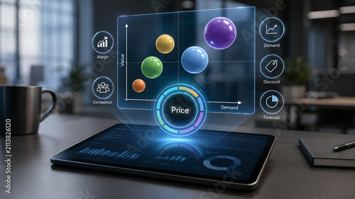Holographic data visualization interface on a tablet showing price, value, and demand analytics in a modern office setting