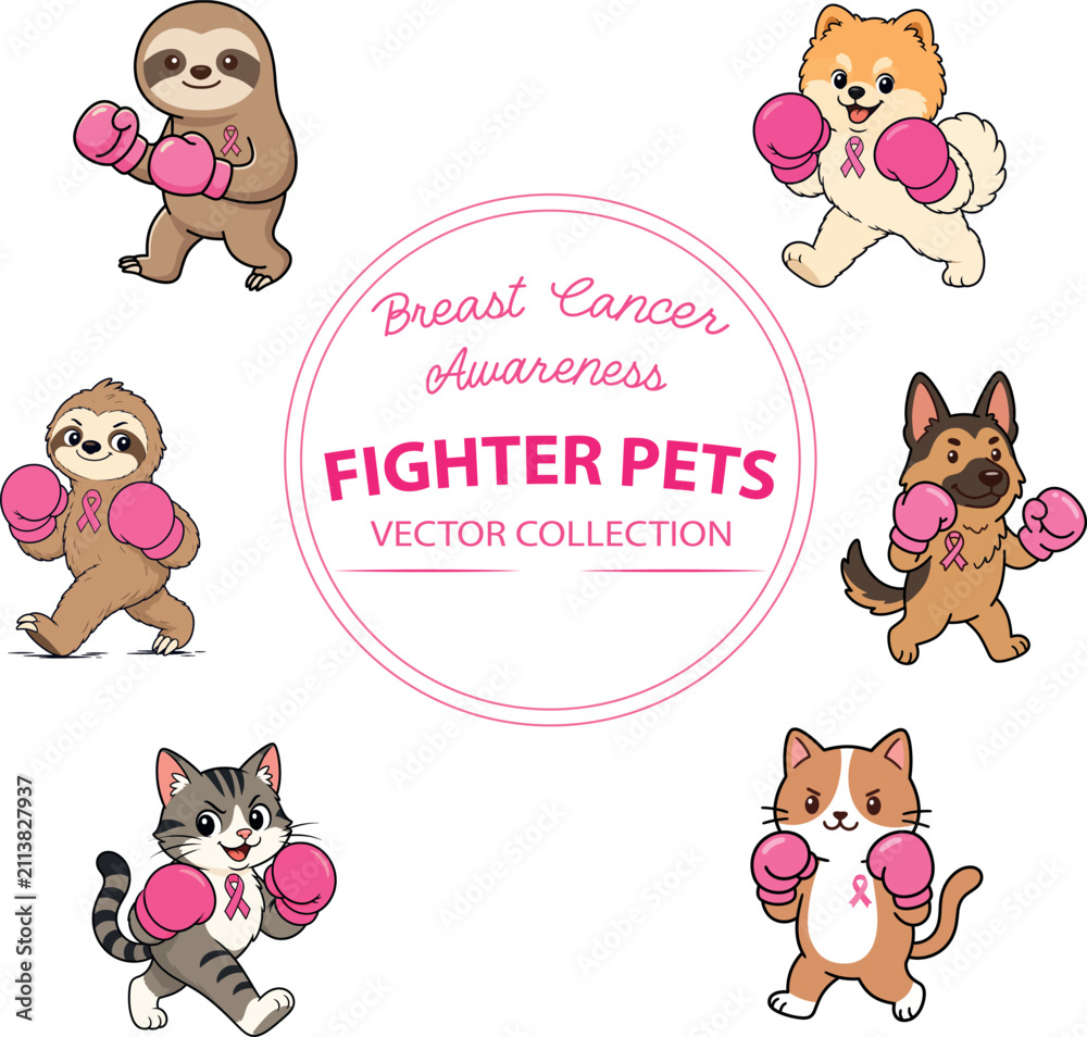 Fototapeta premium Cute Breast Cancer Awareness Fighter Pets with Pink Boxing Gloves Vector Collection