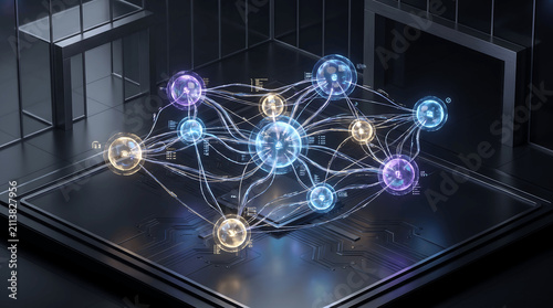 Futuristic holographic data network with glowing nodes. 3D digital information visualization for AI and cyber technology.