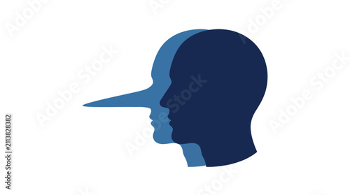 Blue silhouette human head illustration featuring long pinocchio nose representing deceit concept in flat vector design