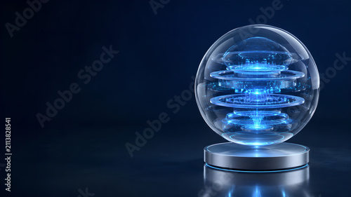 Futuristic glowing holographic data sphere with layered digital rings on a dark background