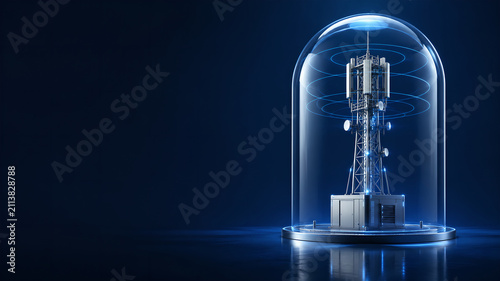 Telecommunication tower inside a glass dome representing secure network infrastructure and data protection