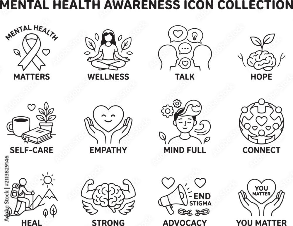 Fototapeta premium Mental health awareness icon collection featuring self care wellness empathy mindfulness and psychological health line art vector