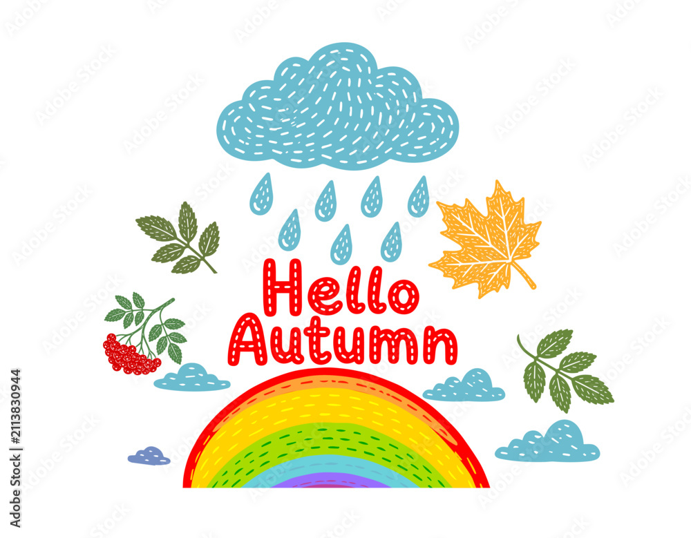 Obraz premium children's rainbow cloud Hello autumn. Hand drawn. Not AI, vector illustration.