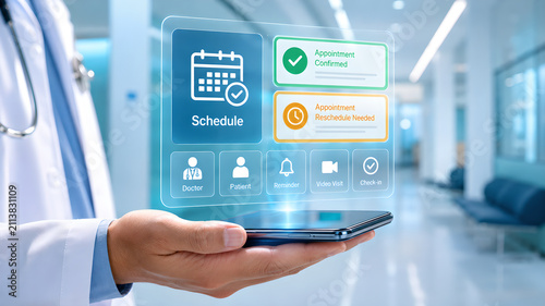 Doctor holding a smartphone with a holographic medical scheduling interface in a hospital hallway