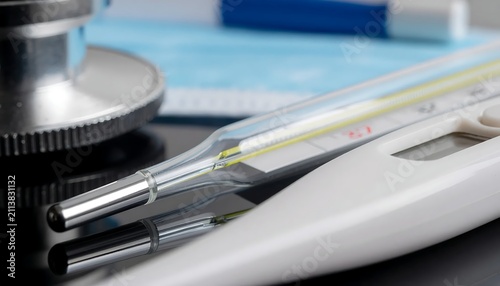 Medical thermometer and stethoscope on white surface with blue background